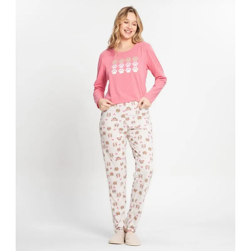 Pijama Manga Longa Com Patinhas Mensageira Da Paz Rosa P