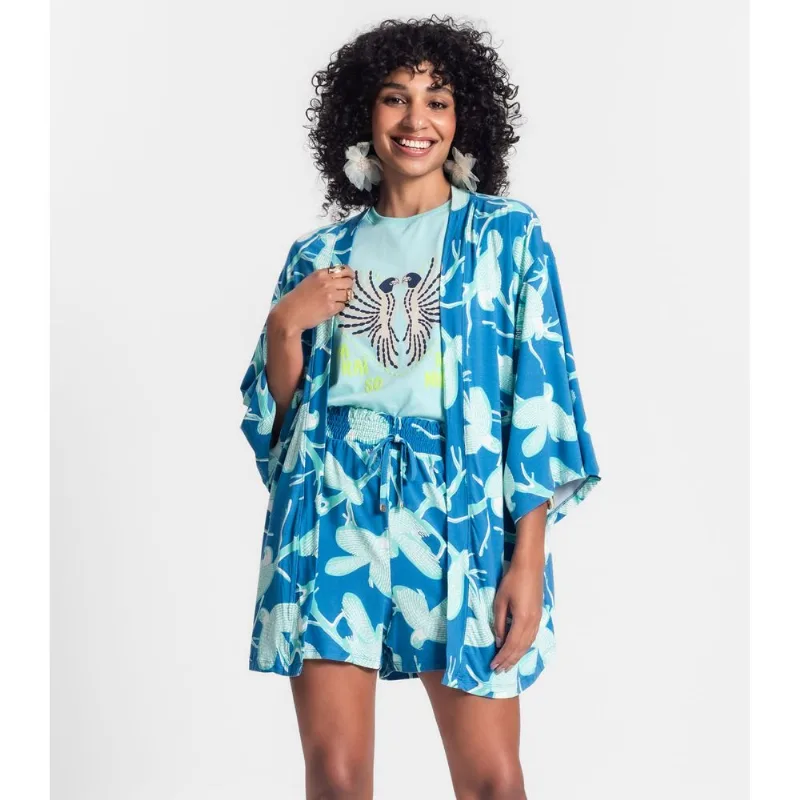 Kimono Feminino Estampa De Pássaros Azul Gg