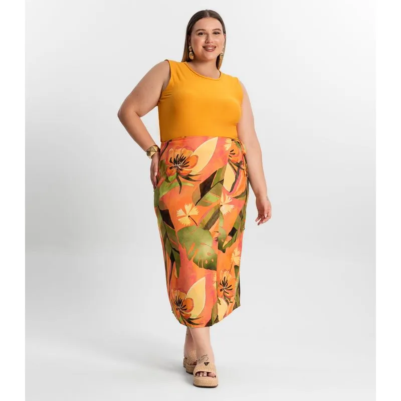 Saia Midi Plus Size Secret Glam Laranja Plus G3