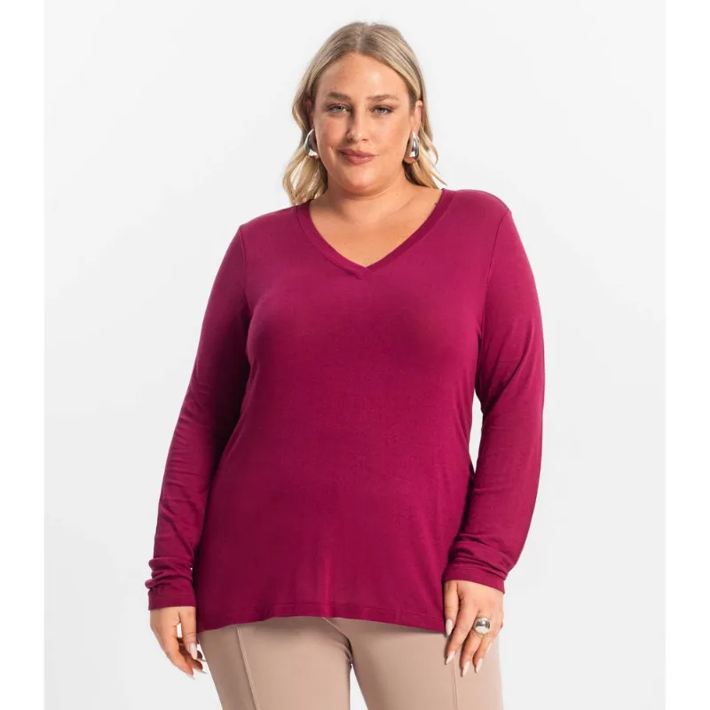 Blusa Manga Longa Visco Tricot Secret Glam Vermelho Plus G3
