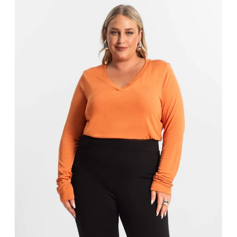 Blusa Manga Longa Visco Tricot Secret Glam Laranja Plus G4