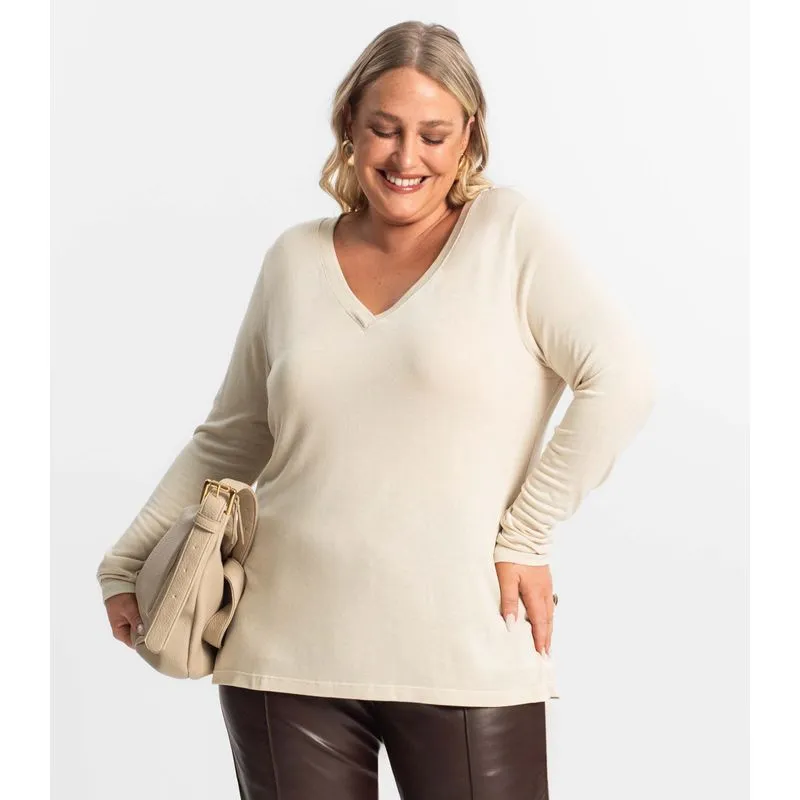 Blusa Manga Longa Visco Tricot Secret Glam Bege Plus G4