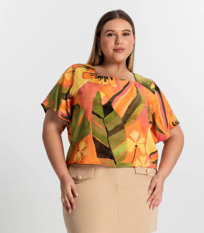 Blusa Feminina Plus Size Estampada Secret Glam Laranja Plus G1