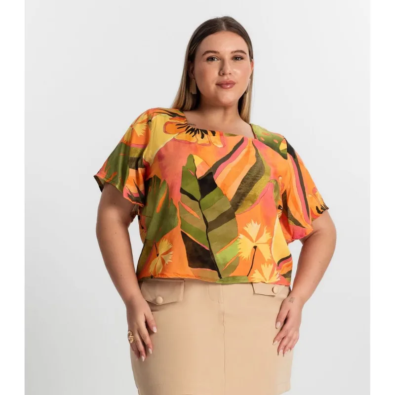 Blusa Feminina Plus Size Estampada Secret Glam Laranja Plus G2