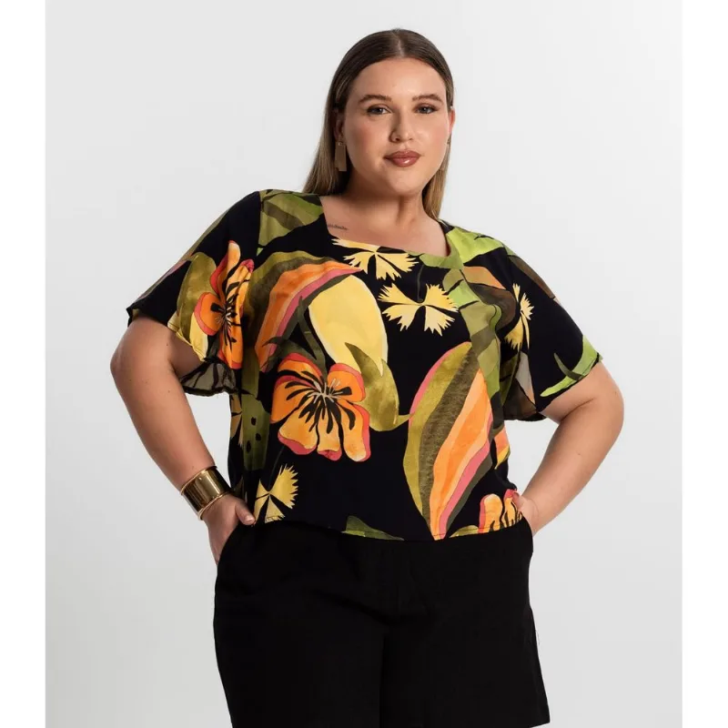 Blusa Feminina Plus Size Estampada Secret Glam Preto Plus G3