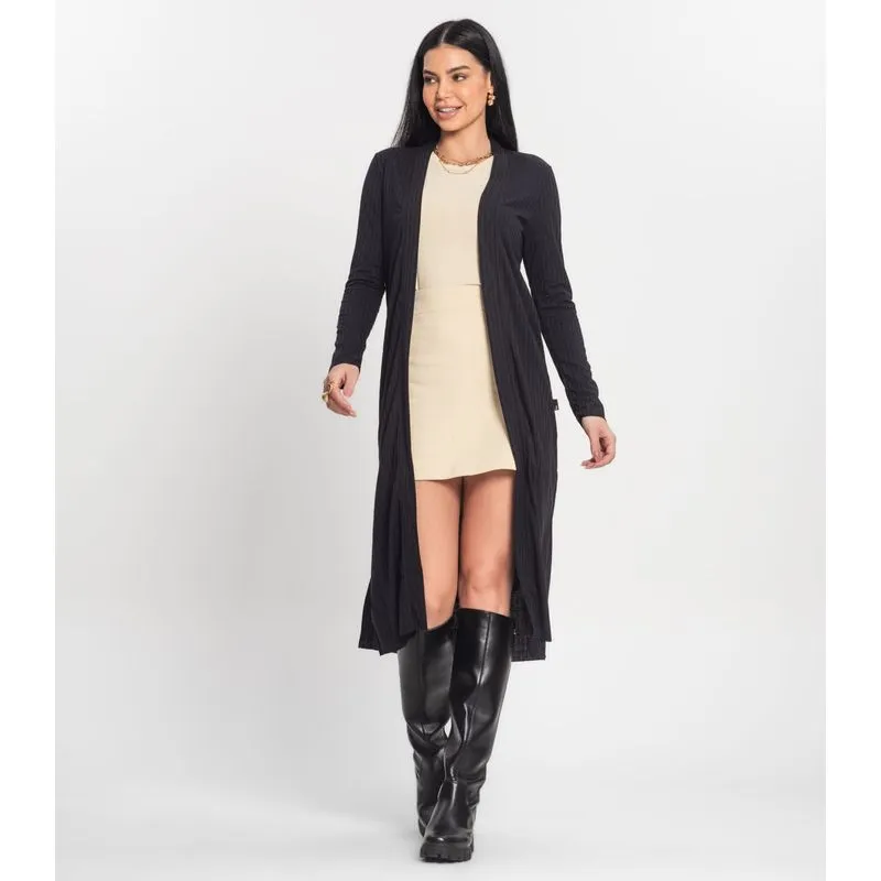 Cardigam Feminino Alongado Em Ribana Kohmar Preto G
