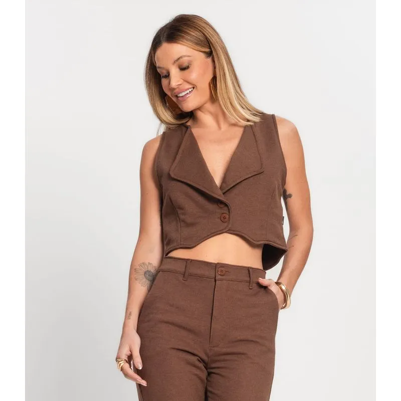 Colete Cropped Feminino Moletom Alfaiataria Kohmar Marrom G