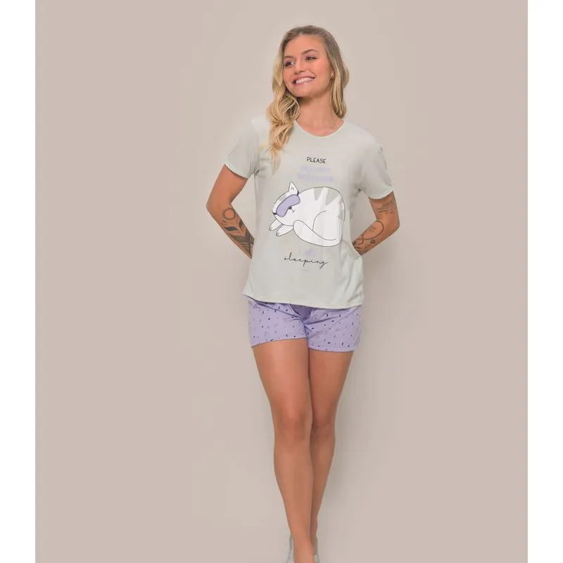 Pijama Adulto Manga Curta Feminino Evanilda Cinza Gg