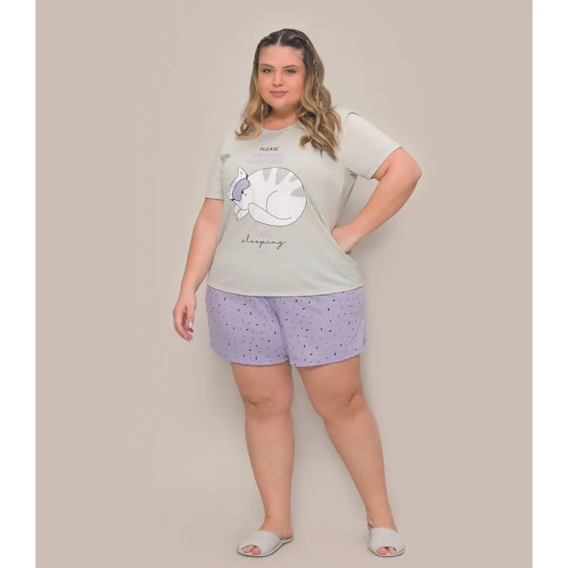 Pijama Plus Size Manga Curta Feminino Evanilda Cinza G1