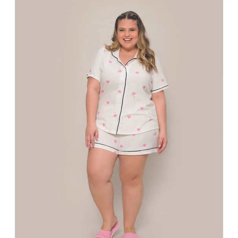 Pijama Americano Plus Size Feminino Curto Evanilda Bege G3