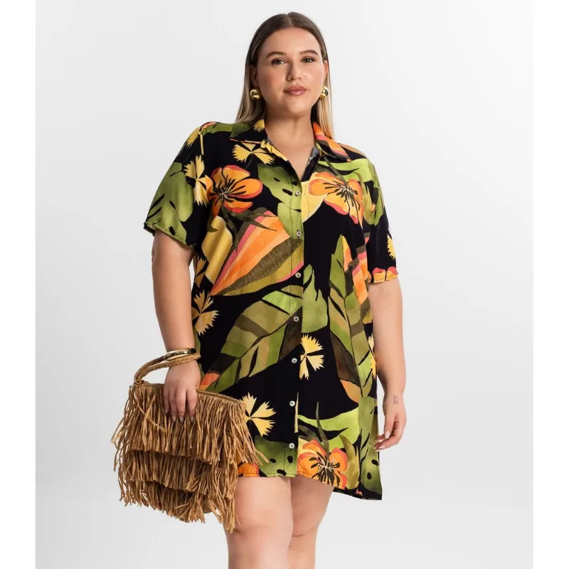 Vestido Chemise Curto Plus Size Secret Glam Preto Plus G1