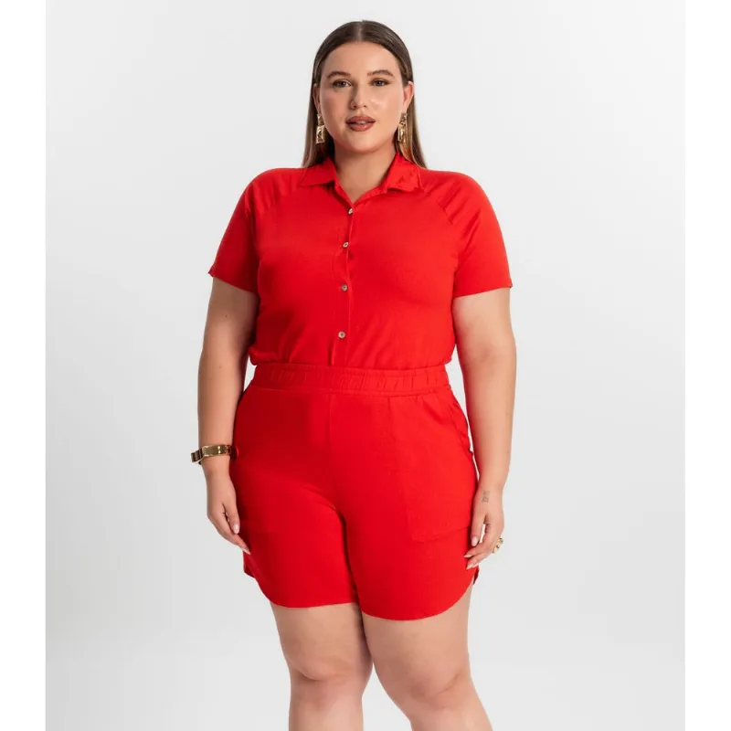 Conjunto Plus Size Camisa Com Bermuda Secret Glam Laranja Plus G2