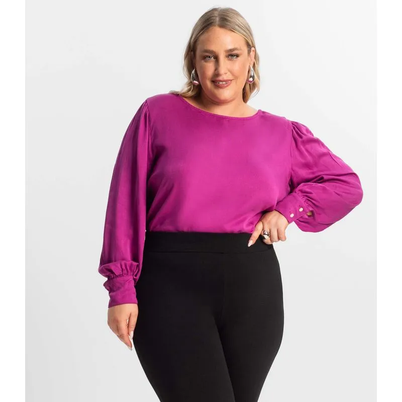Blusa Plus Size Feminina Manga Longa Secret Glam Roxo Plus G1