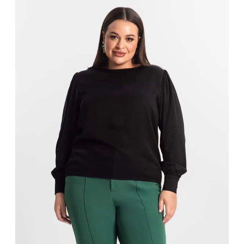 Blusa Plus Size Feminina Manga Longa Secret Glam Preto Plus G1