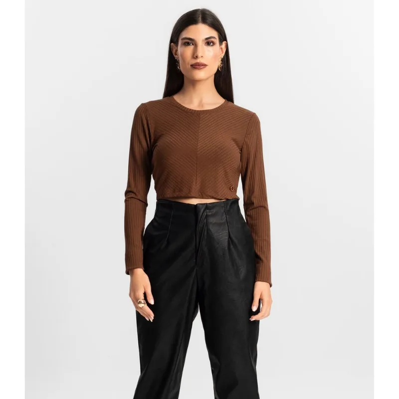 Blusa Feminina Manga Longa Ribana Básica Endless Marrom G