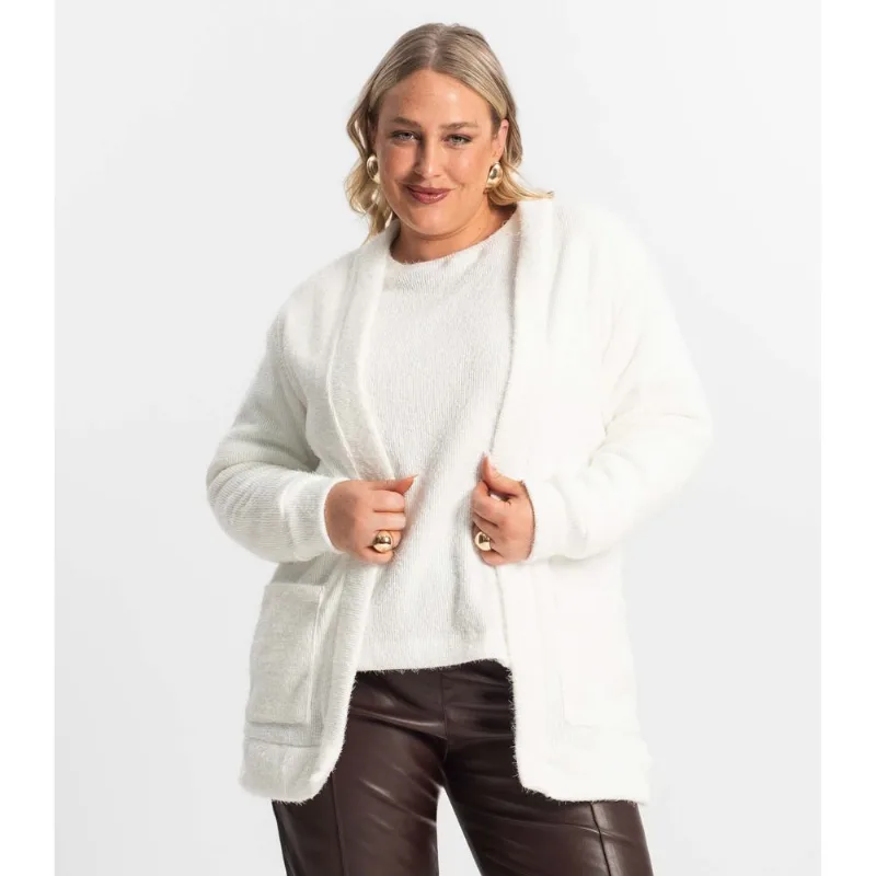 Cardigan Feminino Plus Size Em Tricot Secret Glam Bege Plus G4