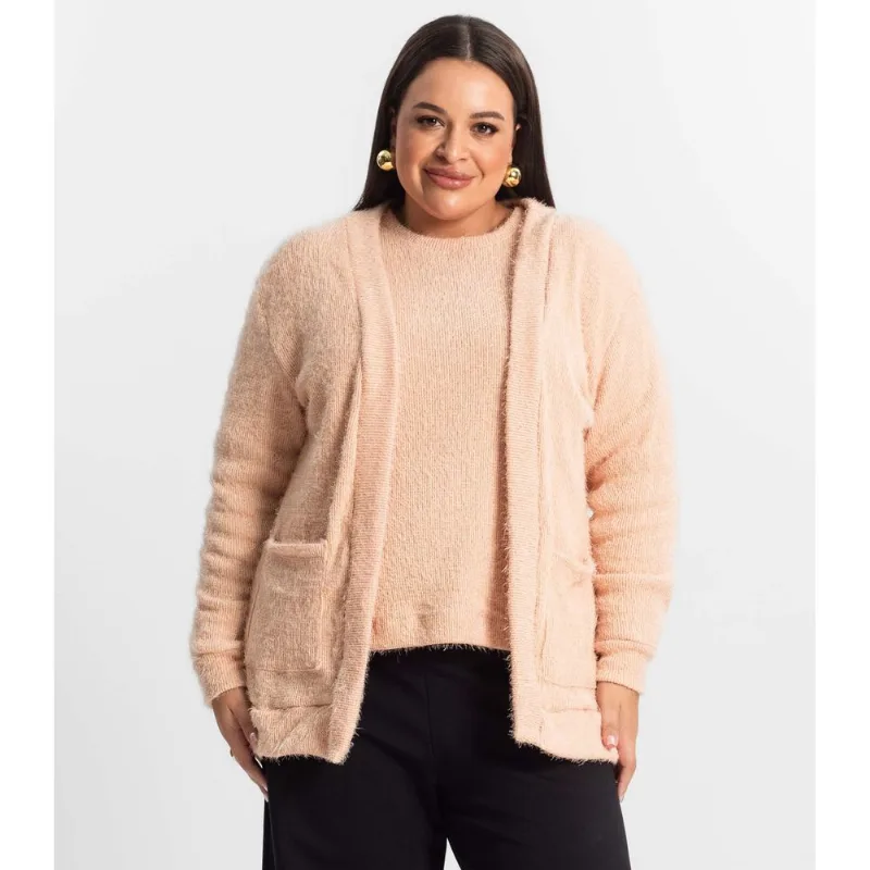Cardigan Feminino Plus Size Em Tricot Secret Glam Rosa Plus G3