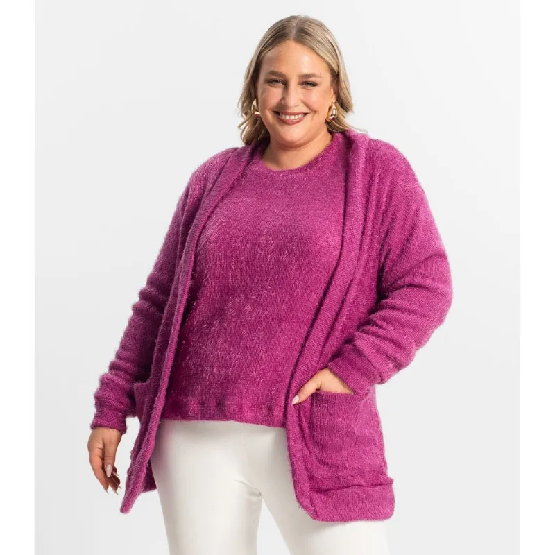 Cardigan Feminino Plus Size Em Tricot Secret Glam Roxo Plus G2