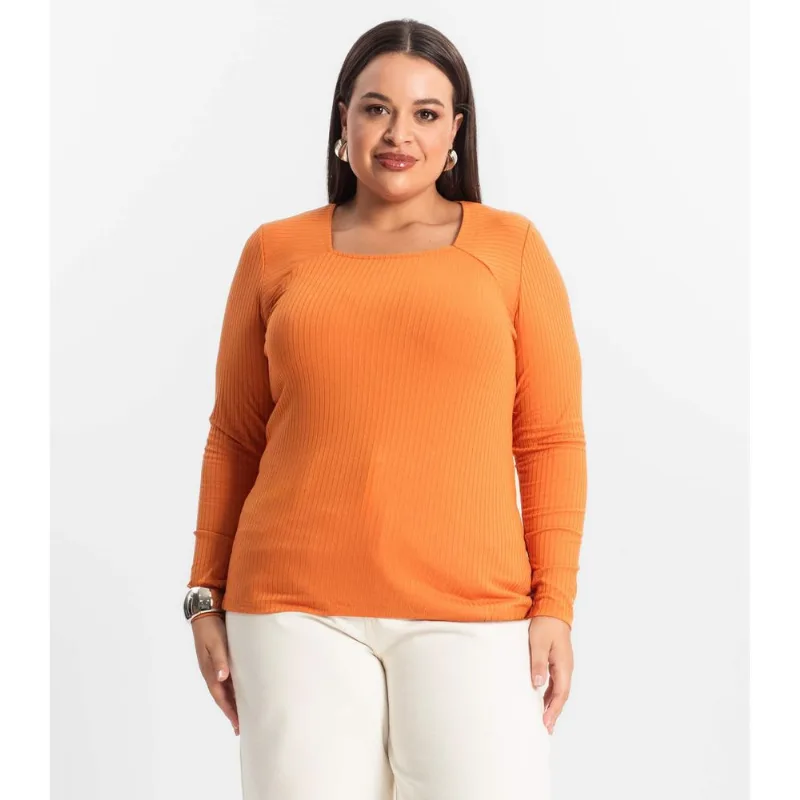 Blusa Plus Size Em Ribana Canelada Secret Glam Laranja Plus G4