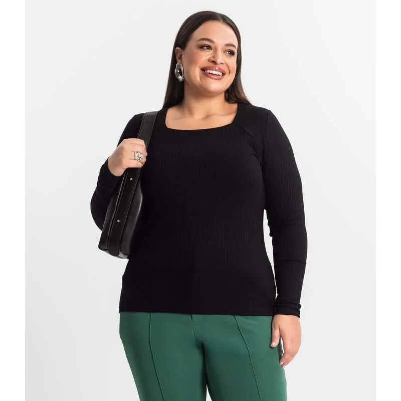 Blusa Plus Size Em Ribana Canelada Secret Glam Preto Plus G2