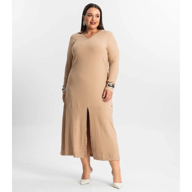 Vestido Midi Plus Size Manga Longa Secret Glam Marrom Plus G1