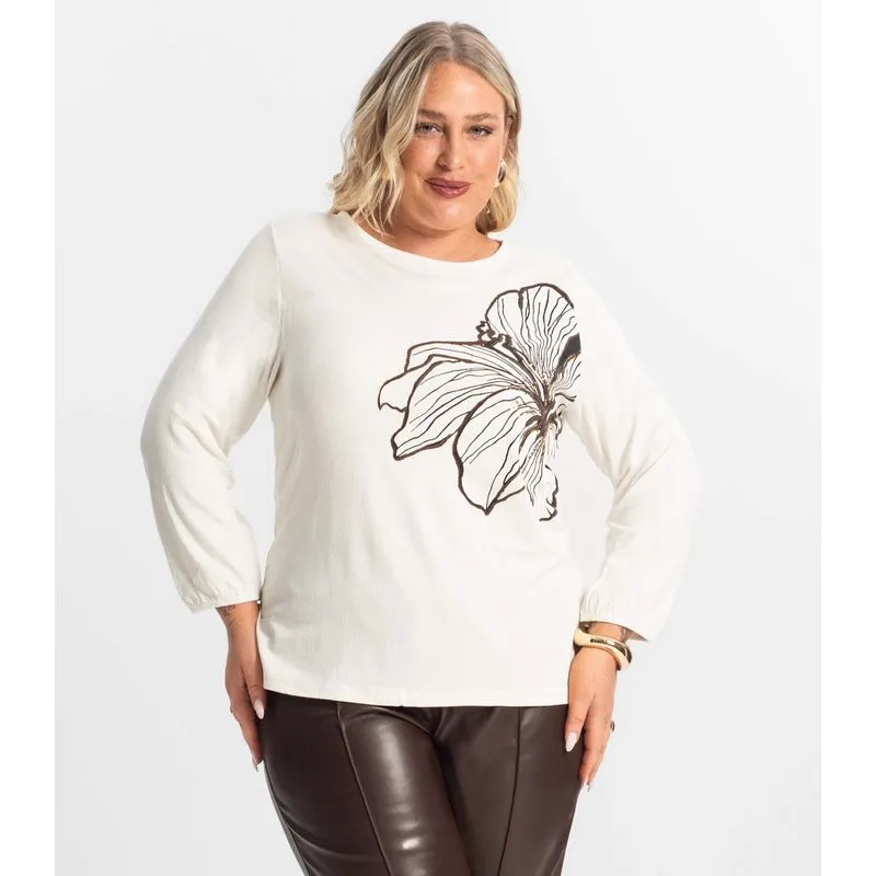 Blusa Feminina Plus Size Manga 7/8 Secret Glam Bege Plus G1