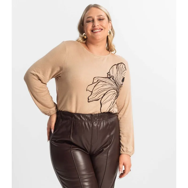 Blusa Feminina Plus Size Manga 7/8 Secret Glam Marrom Plus G1