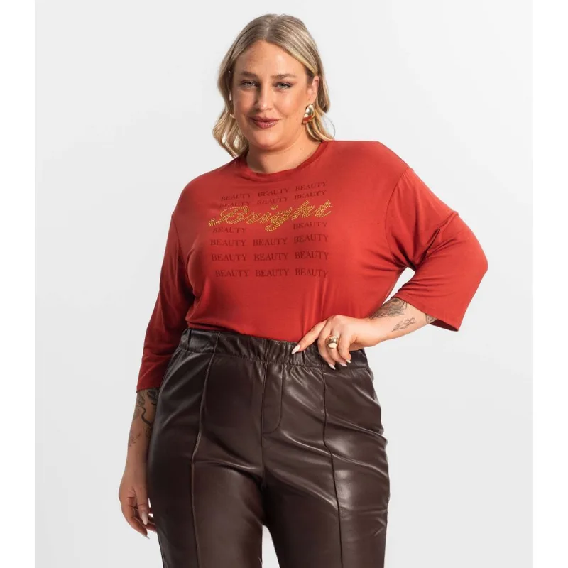 Blusa Feminina Plus Size Manga 3/4 Secret Glam Vermelho Plus G2