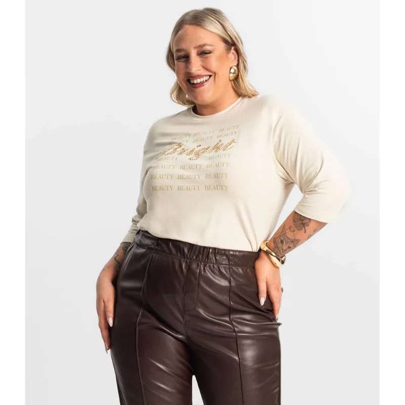 Blusa Feminina Plus Size Manga 3/4 Secret Glam Bege Plus G3