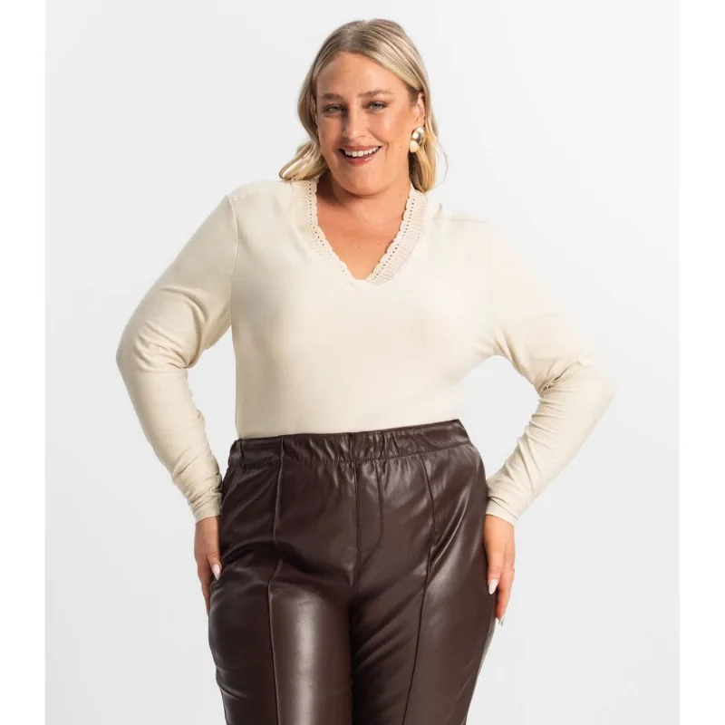 Blusa Plus Size Manga Longa Feminina Secret Glam Bege Plus G2