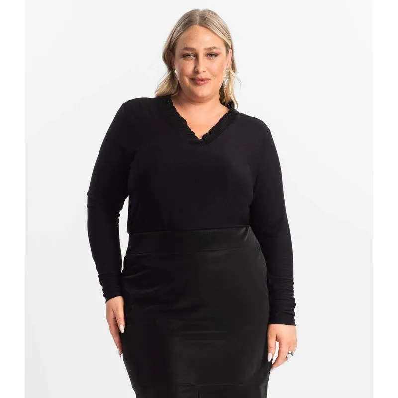 Blusa Plus Size Manga Longa Feminina Secret Glam Preto Plus G1