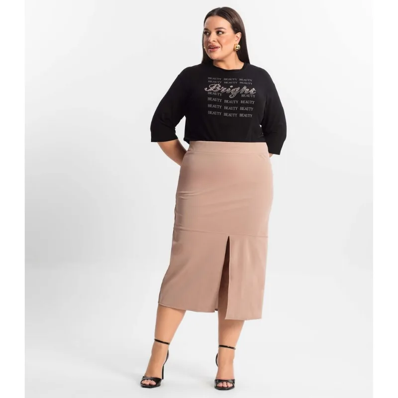 Saia Midi Plus Size Com Fenda Secret Glam Marrom Plus G4