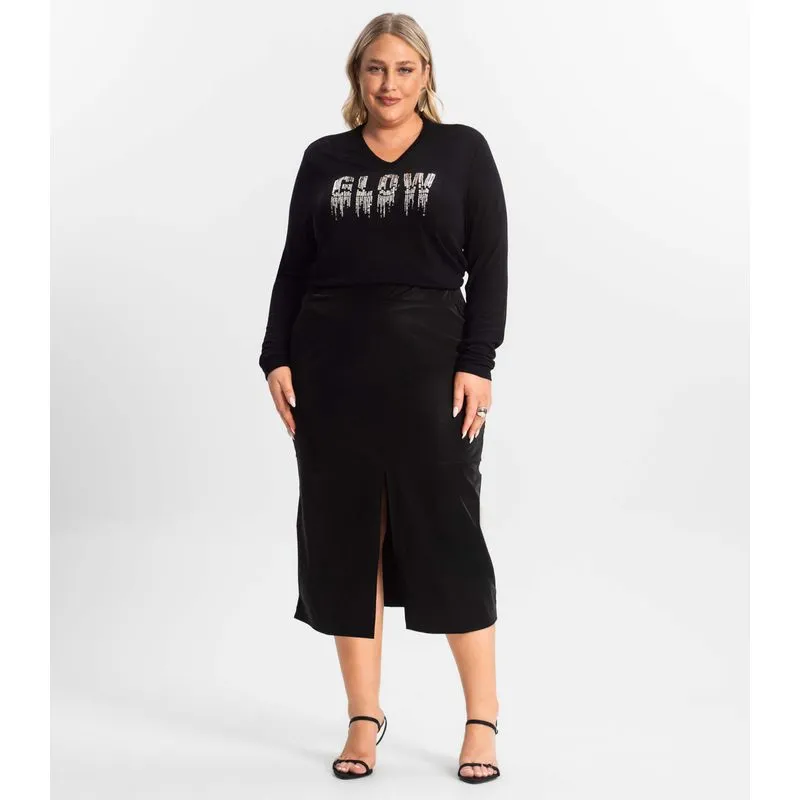 Saia Midi Plus Size Com Fenda Secret Glam Preto Plus G1