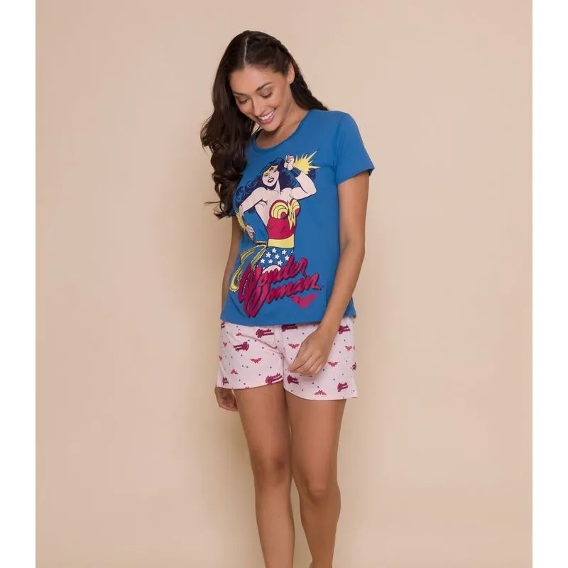 Pijama Adulto Feminino Mulher Maravilha Evanilda Azul P