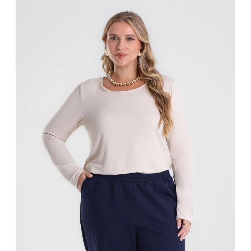 Blusa Manga Longa Viscotorcion Secret Glam Bege Plus G1