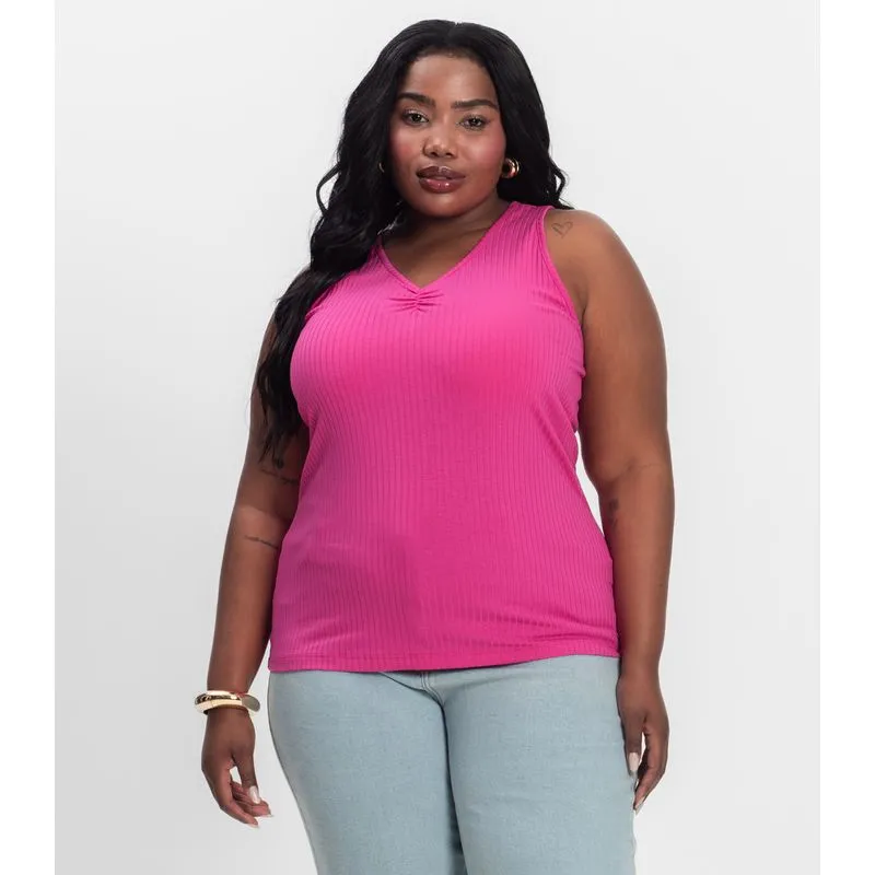 Regata Plus Size Em Ribana Canelada Secret Glam Rosa Plus G1