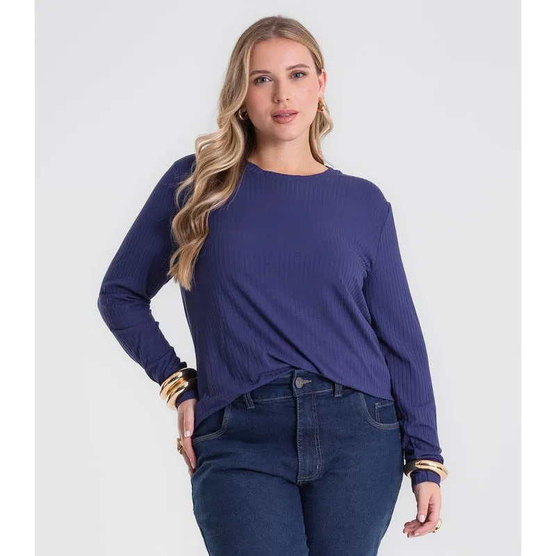 Blusa Manga Longa Ribana Canelada Secret Glam Azul Plus G4