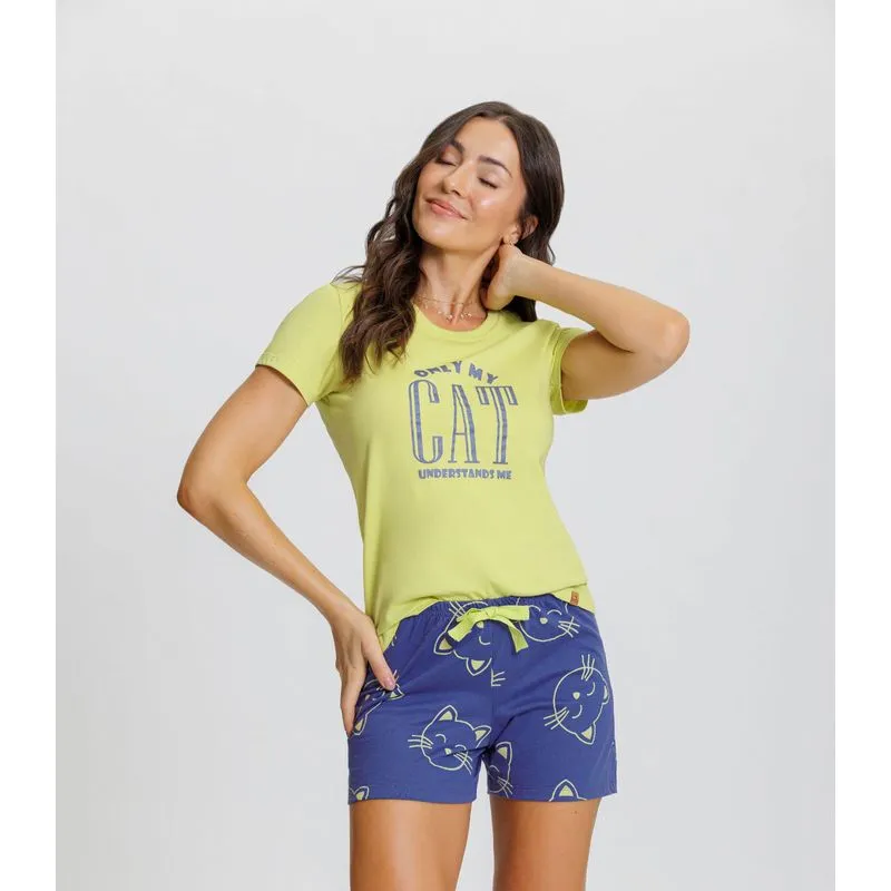Pijama Feminino Manga Curta Mensageiro Dos Sonhos Amarelo M