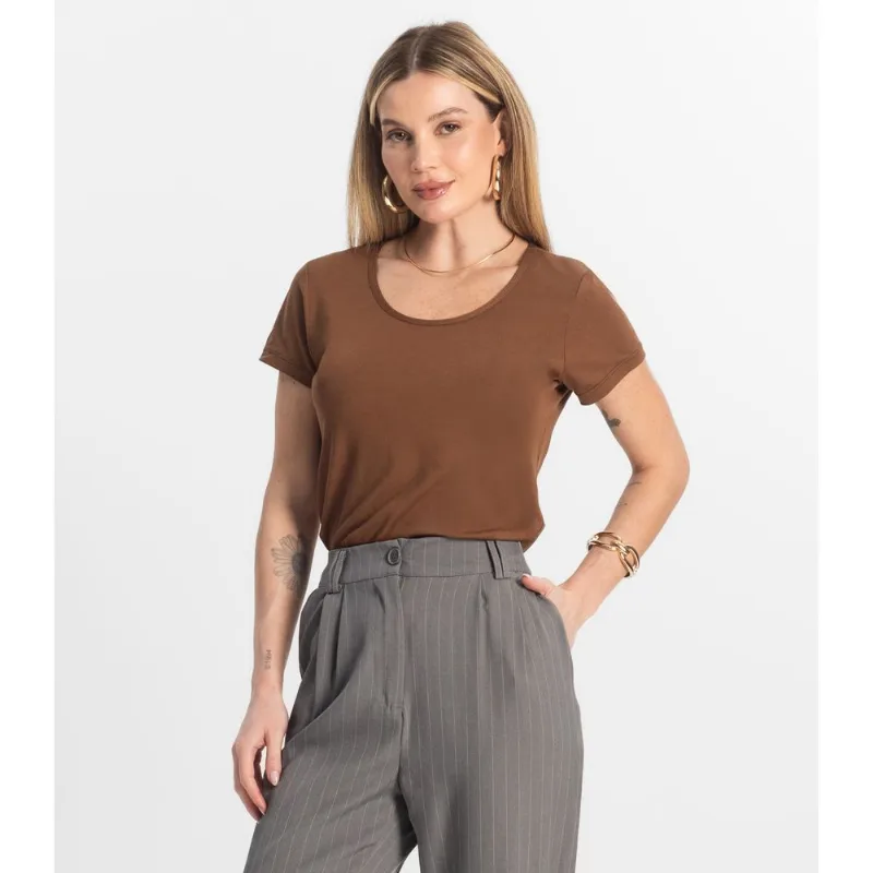 Blusa Feminina Viscotorcion Básica Rovitex Marrom P