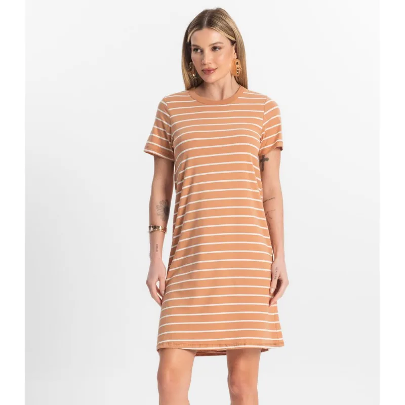 Vestido Feminino Cotton Listrado Rovitex Marrom P