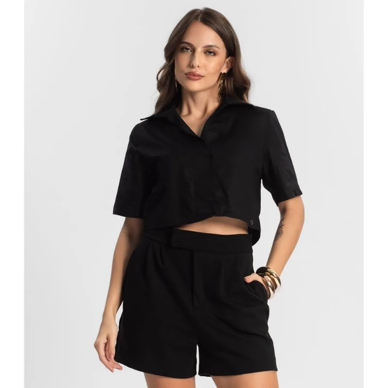 Camisa Feminina Cropped Box Em Popeline Endless Preto P