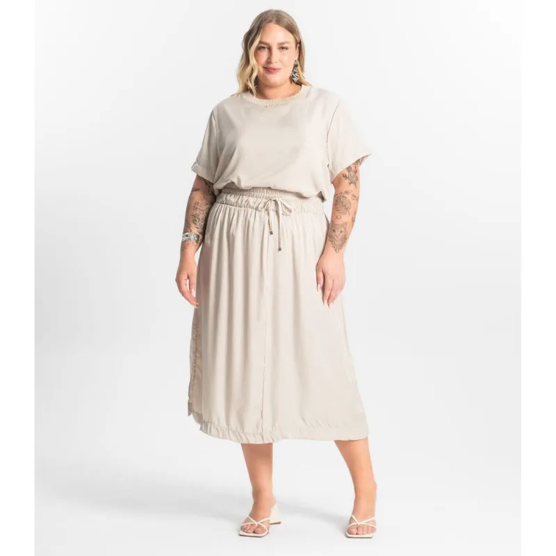 Saia Midi Plus Size Secret Glam Bege Plus G1