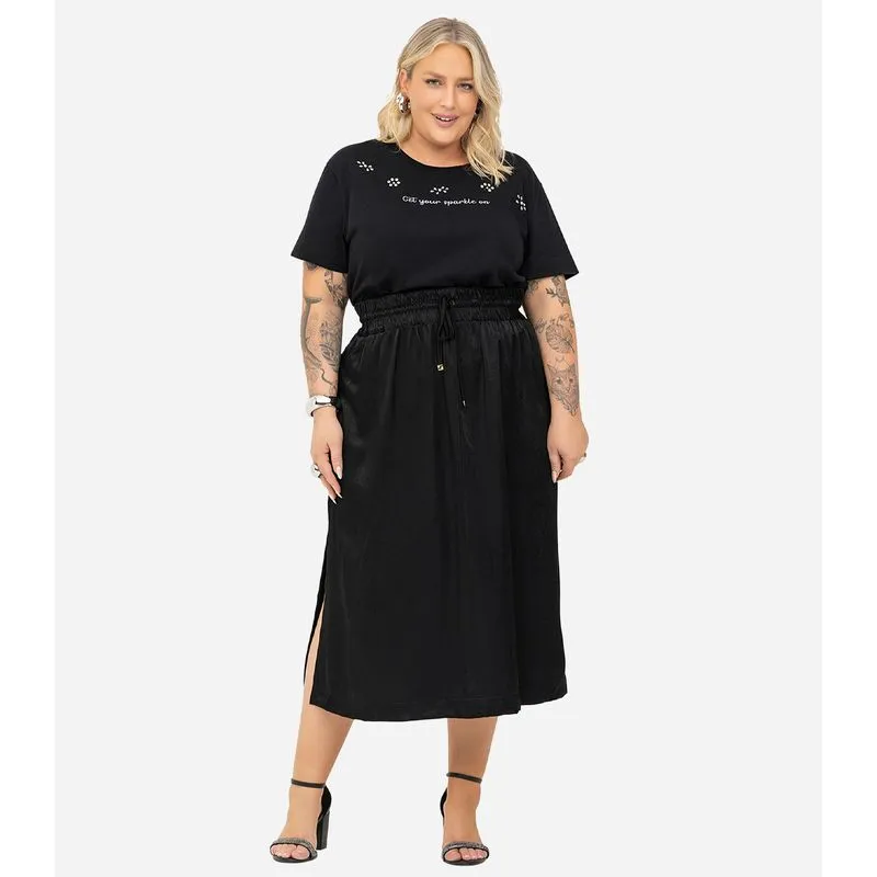Saia Midi Plus Size Secret Glam Preto Plus G1