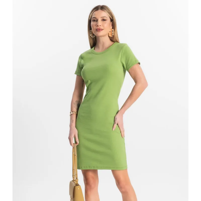 Vestido Acinturado Em Ribana Canelada Rovitex Verde M