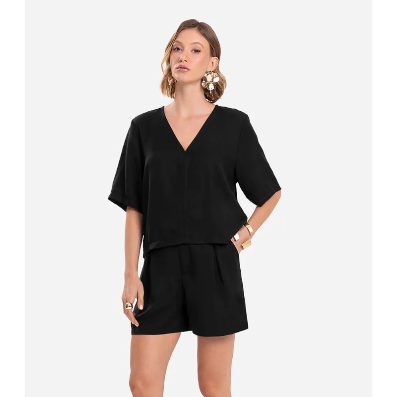 Blusa Feminina Manga Curta Decote V Endless Preto G