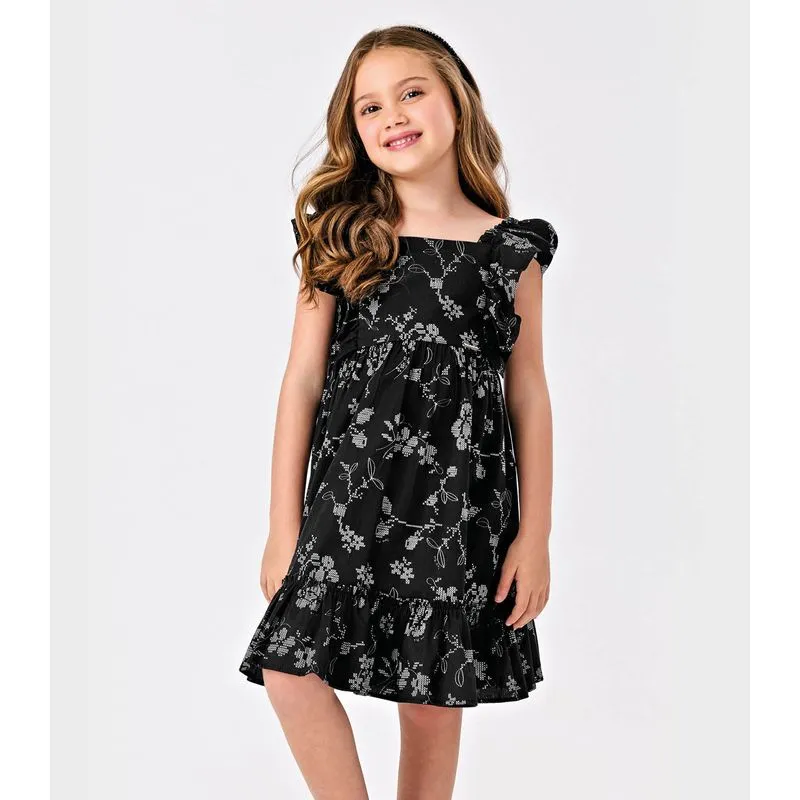 Vestido Popeline Floral Bordado Trick Nick Preto 6
