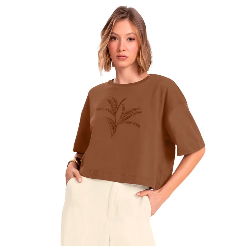 Blusa Feminina Endless Manga Curta Com Bordado Marrom - M