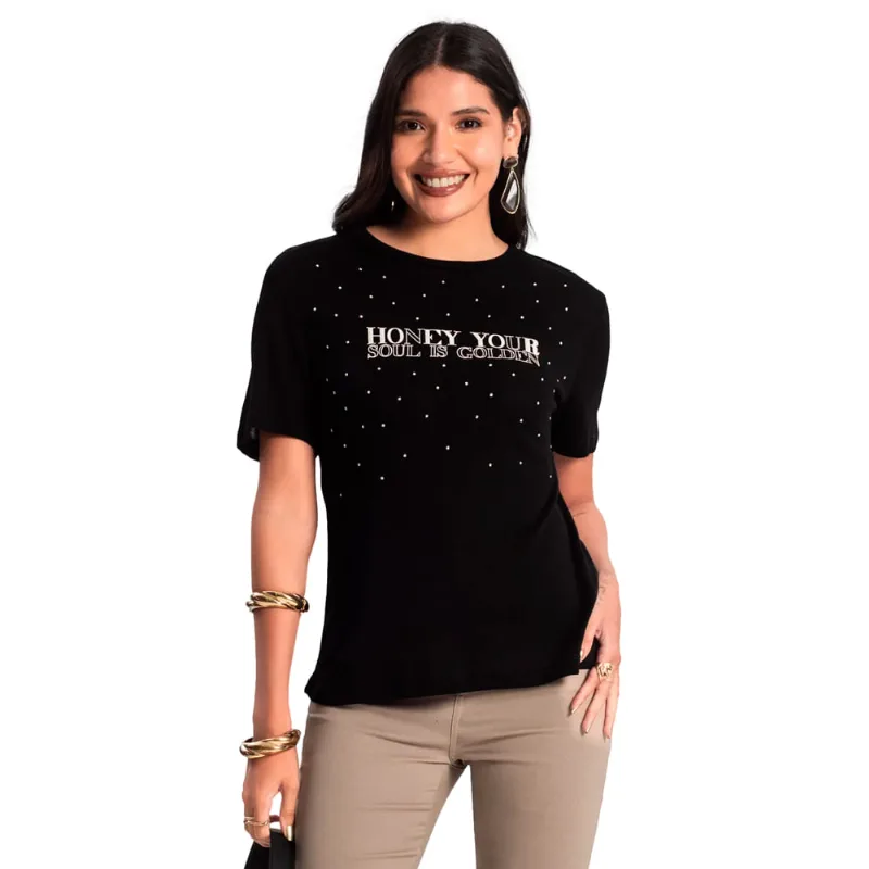 Blusa Feminina Rovitex Honey com Strass Preto - GG