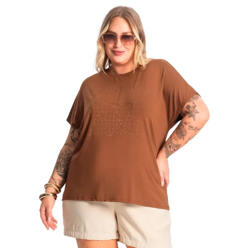 Blusa Feminina Secret Glam Plus Size Manga Morcego Marrom - G1