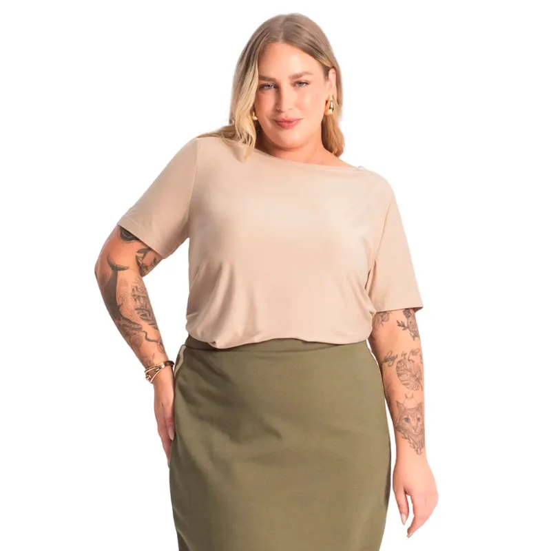 Blusa Feminina Secret Glam Plus Size Manga Curta Nude - G1